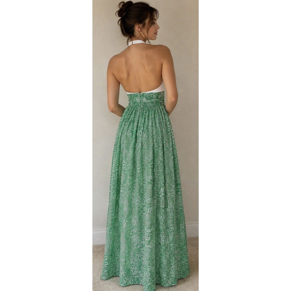 Vtg 1970s Green White Floral Halter Maxi Dress ILGWU Union Made in USA - Picture 2 of 8